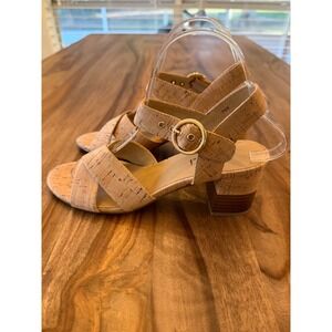 Van Eli Cork Block Heel Sandals Womens 7.5 S Slim Tan Crisscross Buckle Strappy